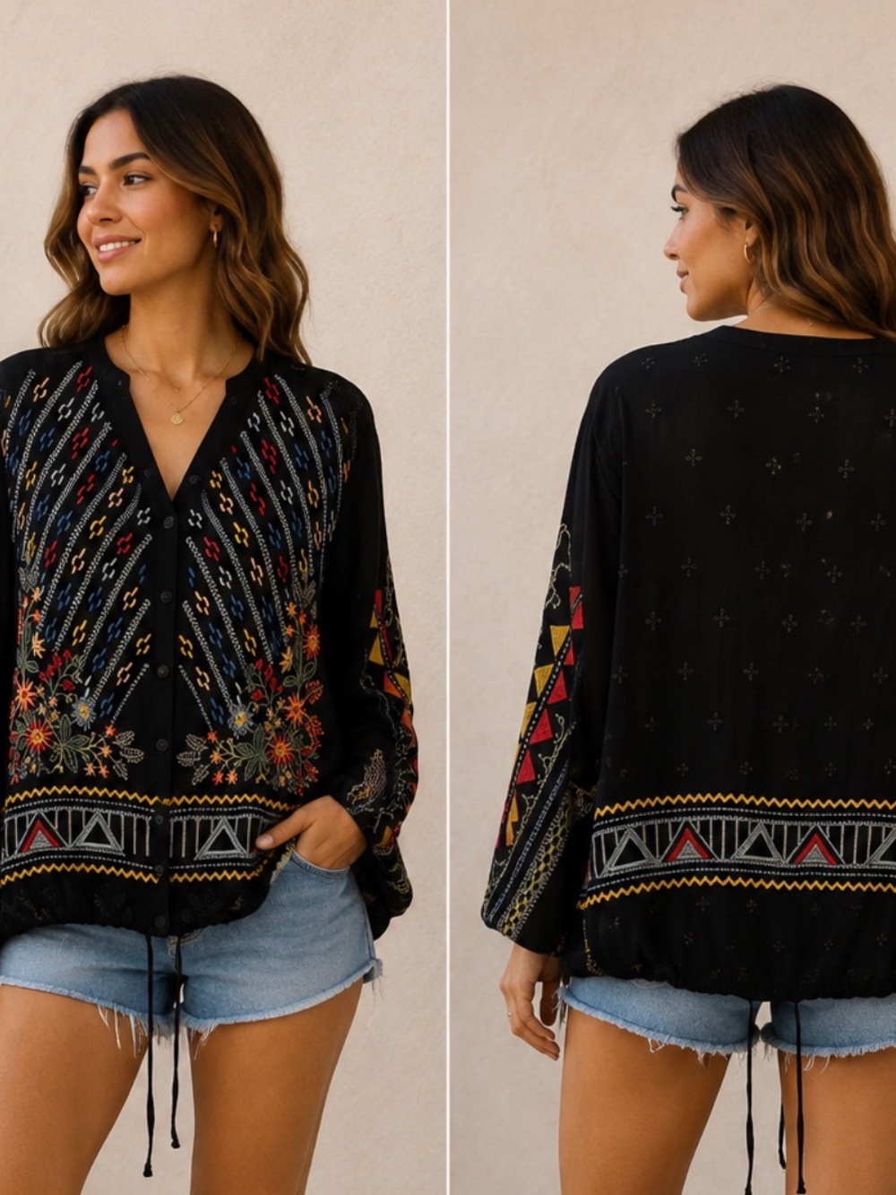 Johnny Was Black Embroidered Boho Button Up Blouse (232345) 🌼 🦋